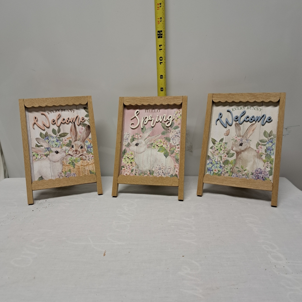 Wooden Framed Bunny Welcome/Hello Spring Sign - Pastel Pink/Blue